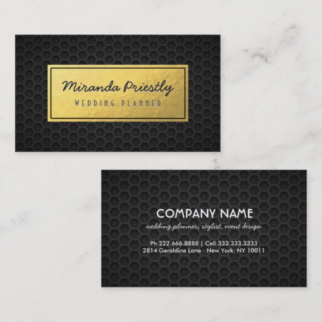 Carte De Visite Chic Black & Gold Faux Gold Foil Dark Metal Grid (Devant / Derrière)
