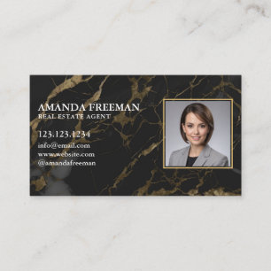 Carte De Visite Chic Black & Gold Marble Photo Agent Immobilier