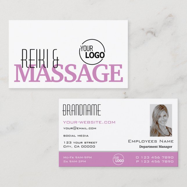Carte De Visite Chic blanc rose élégant simple avec logo et photo (Devant / Derrière)
