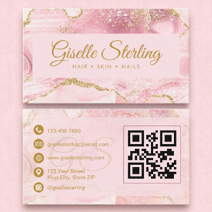 Carte De Visite Chic Blush Rose Or Agate Marbre QR Code