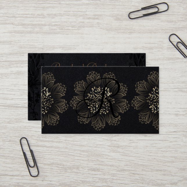 Carte De Visite Chic Botanique Ornamental Gold et Premium Black (Devant/Arrière en situation)
