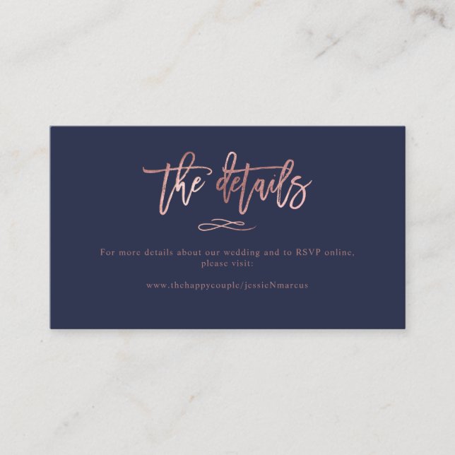 Carte De Visite Chic Brush Script Rose Gold Détails Mariage (Devant)