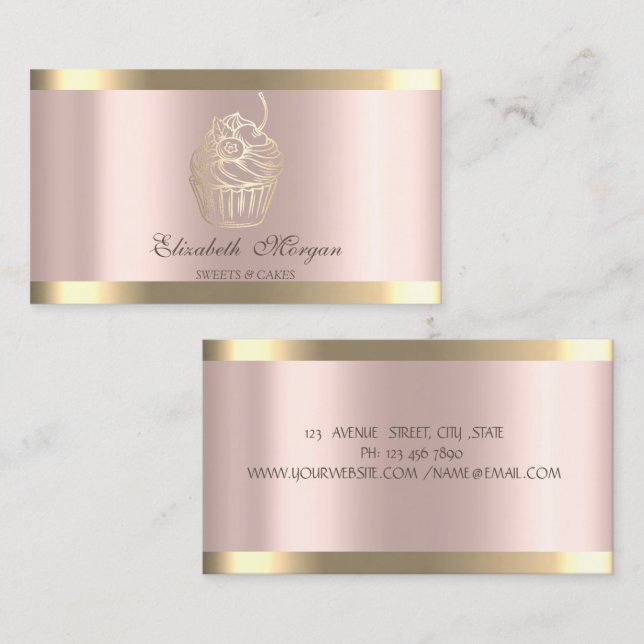 Carte De Visite Chic Cupcake Gold Stripe Rose Gold Bakery (Devant / Derrière)