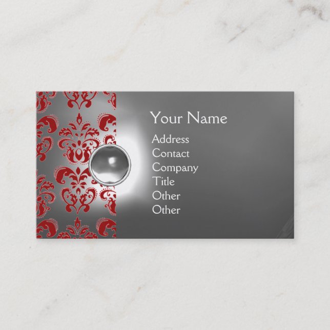 Carte De Visite CHIC DAMASK GEM MONOGRAS blanc rouge (Devant)
