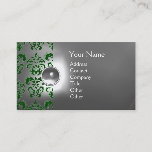 Carte De Visite CHIC DAMASK GEM MONOGRAS blanc vert (Devant)