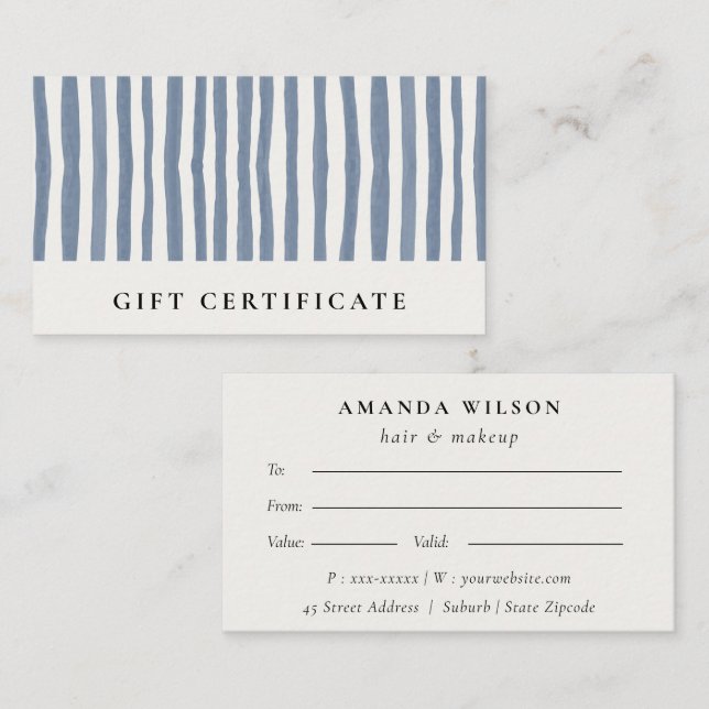 Carte De Visite Chic Dusky Blue Watercolor Strips Gift Certificate (Devant / Derrière)
