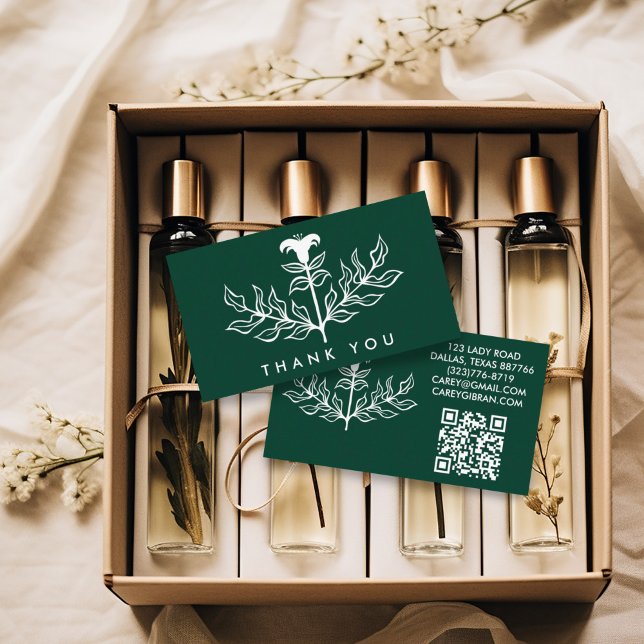 Carte De Visite Chic Elegant Blanc Lily QR Code Ordre Merci (Custom thank you notes business cards with QR code and lily artwork)