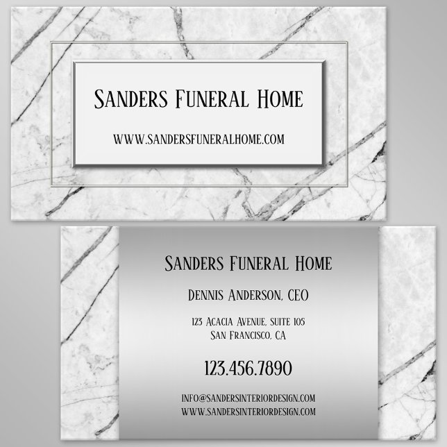 Carte de visite chic en marbre gris argent (Business card featuring a black and white marble design with silver lining - undertaker - cremation)