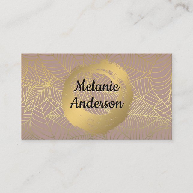 Carte De Visite Chic Faux brossé | Motif de feuille d'or (Devant)