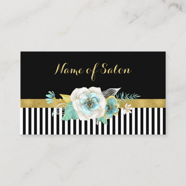 Carte De Visite Chic Faux Gold Mint Flowers Black Stripes Salon (Devant)