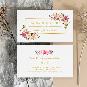 Carte De Visite Chic Floral Gold Frame Makeup Artist Beauty Salon