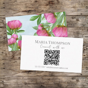 Carte De Visite Chic Floral Peony Professional QR Code