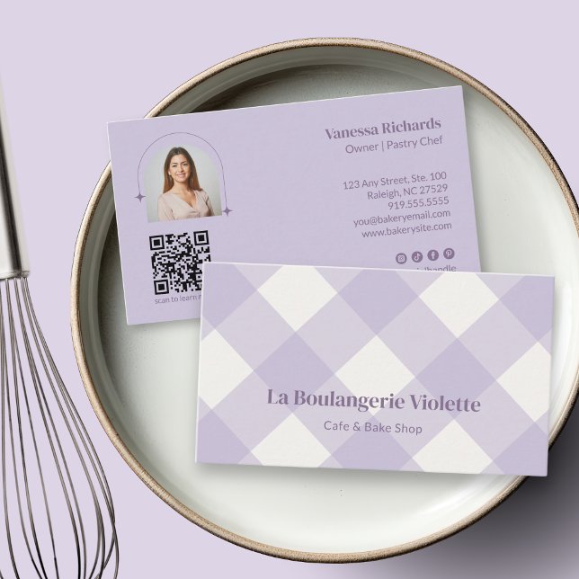 Carte De Visite Chic Gingham Purple Bakery QR Photo  (Créateur téléchargé)