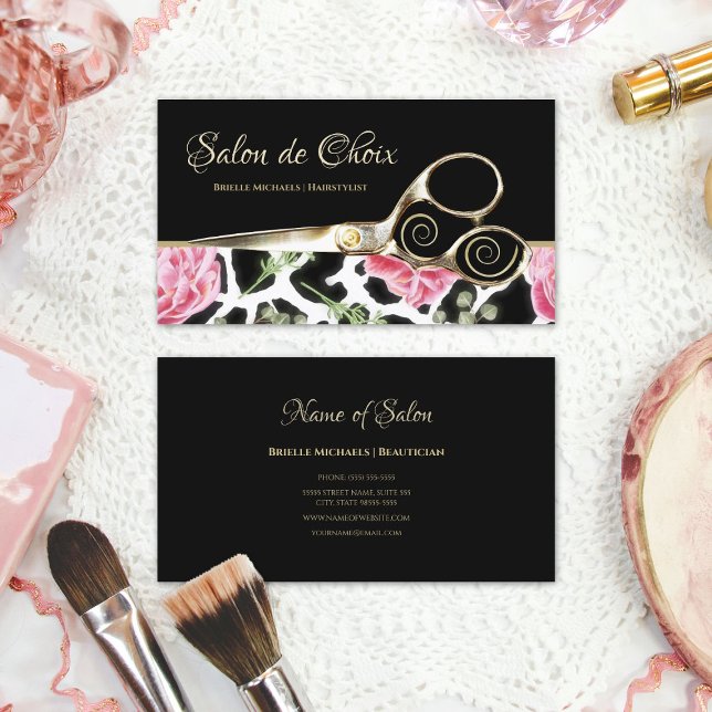 Carte De Visite Chic Giraffe Imprimer rose Floral Ciseaux Or Salon (Chic Giraffe Print Pink Floral Gold Scissors Salon Business Cards)