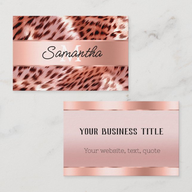 Carte De Visite Chic Glam Rose Gold Leopard Monogramme (Devant / Derrière)