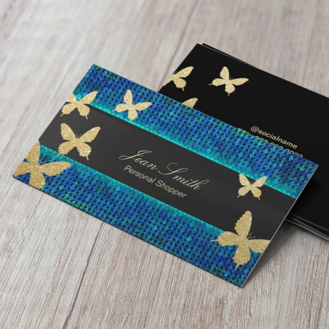Carte De Visite Chic Gold Butterflies Turquoise & Blue Personal Sh (Créateur téléchargé)