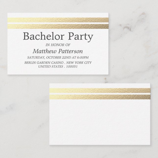 Carte De Visite Chic Gold Foil Stripes Bachelor Party Bicket (Devant / Derrière)