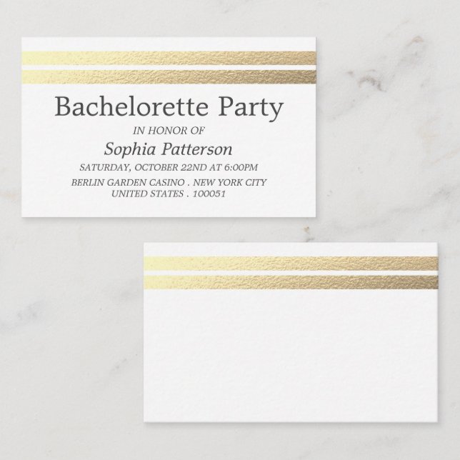 Carte De Visite Chic Gold Foil Stripes Bachelorette Party Bicket (Devant / Derrière)