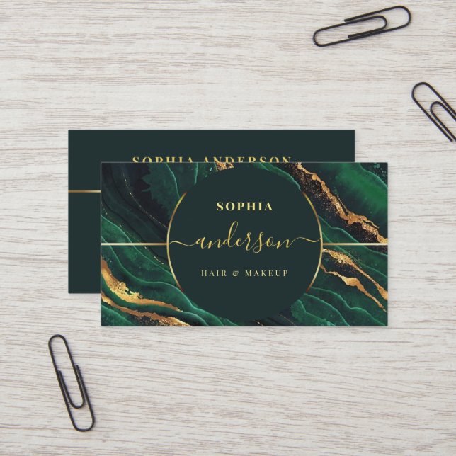 Carte De Visite Chic Gold Logo cercle & Dark Green Agate Parties s (Devant/Arrière en situation)