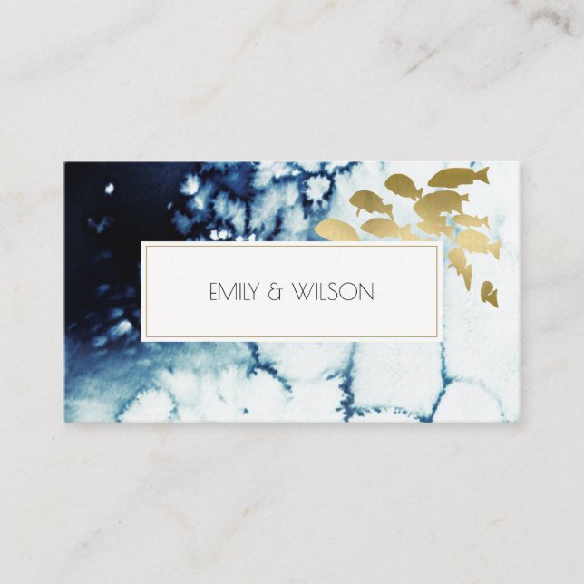 CARTE DE VISITE CHIC GOLD NAVY UNDERWATER SEA FISH MARIAGE SITE WE (Devant)