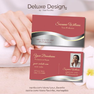 Carte De Visite Chic indien Rouge Wavy Argent Décor avec Smart Pho