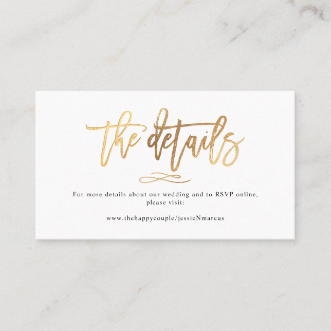 Carte De Visite Chic+Modern Brush Script Détails Mariage Faux Gold (Devant)