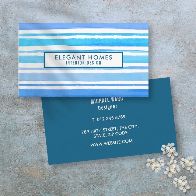 Carte De Visite Chic Moderne Bleu Aquarelles (Chic Modern Blue Watercolor Stripes Business Card)