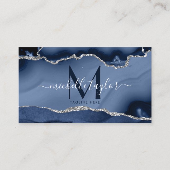 Carte De Visite Chic moderne Marine bleu Monogramme Agate QR CODE  (Devant)