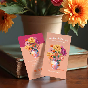 Carte De Visite Chic Moderne Retro À damiers Vase & Gras Florals