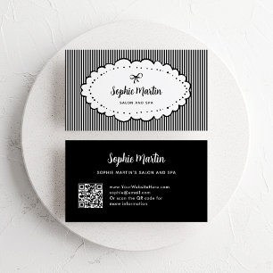 Carte De Visite Chic noir et blanc rayures et bow Code QR