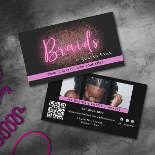 Carte De Visite Chic noir et néon rose cheveux tressage Salon Phot