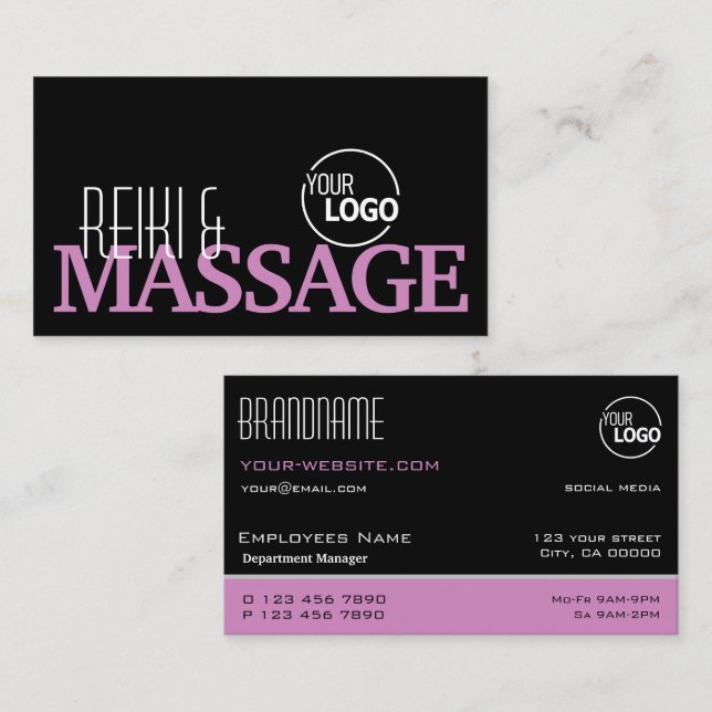 Carte De Visite Chic noir rose et blanc Simple élégant avec logo (Devant / Derrière)