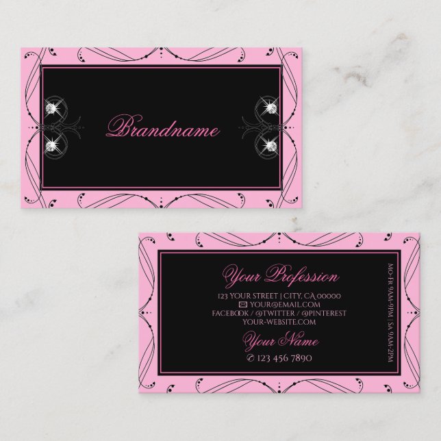 Carte De Visite Chic noir rose étincelant Diamants élégant Ornate (Devant / Derrière)