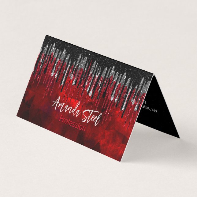 Carte De Visite Chic noir rouge argent parties scintillant gouttes (Devant)