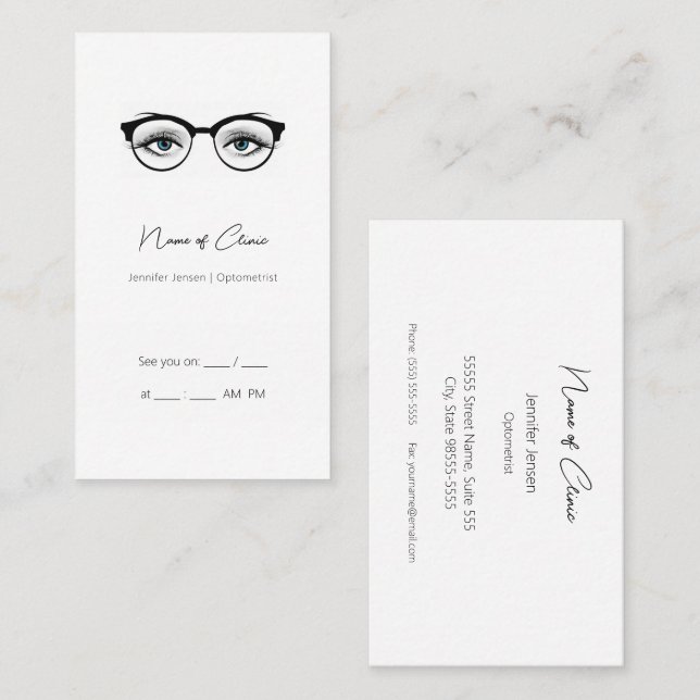 Carte De Visite Chic Optométriste Bleu Yeux lunettes Rendez-vous (Devant / Derrière)