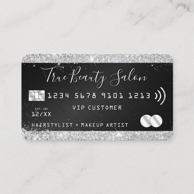 Carte De Visite Chic Parties scintillant Argent Noir Métallo Style (Devant)