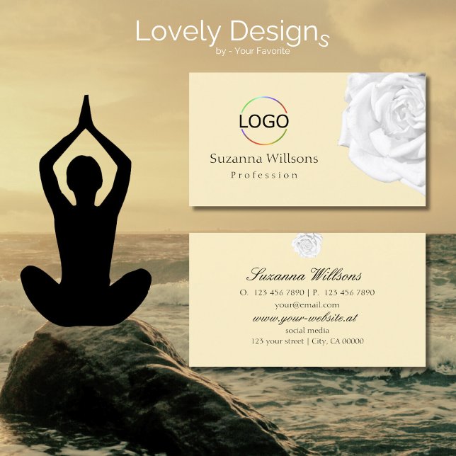 Carte De Visite Chic Peach Beige White Rose avec logo Simple (Créateur téléchargé)