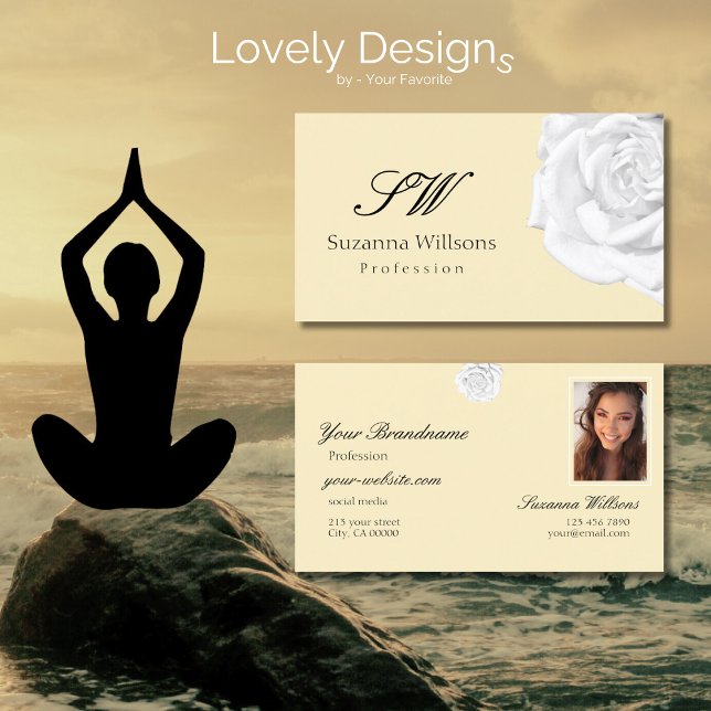 Carte De Visite Chic Peach Beige White Rose Initiales Photo (Créateur téléchargé)