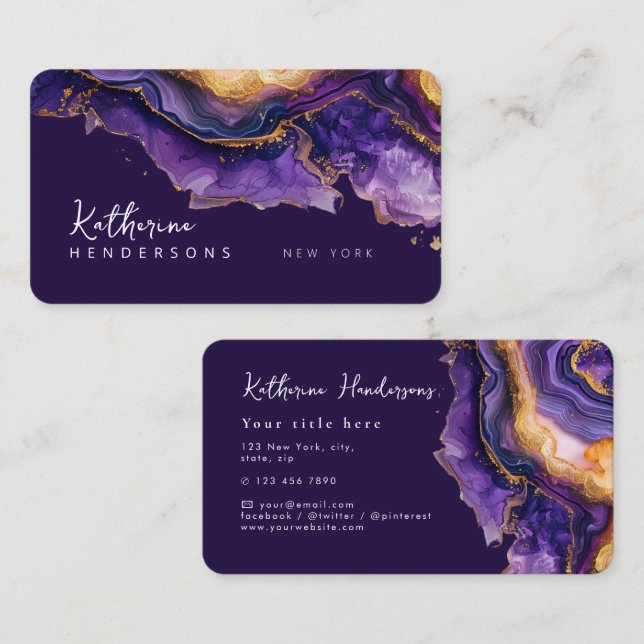 Carte De Visite Chic Purple Agate gold glitter marble Professional (Devant / Derrière)