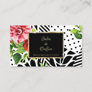 Carte De Visite Chic Red Rose Black Geometric Gold Frame Salon
