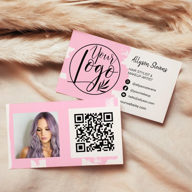Carte De Visite Chic rose brosse cheveux maquillage photo logo qr  (Chic pink brush hair makeup photo logo qr code business card)