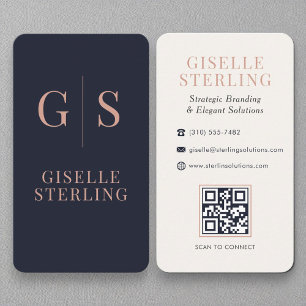 Carte De Visite Chic Rose or Monogramme Marine bleu QR Code