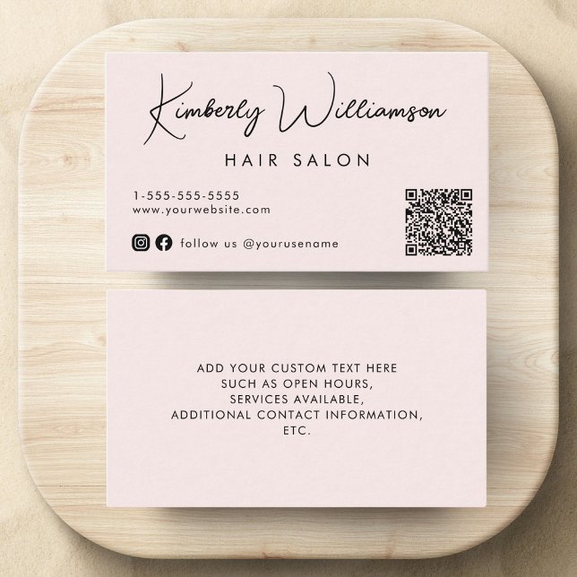 Carte De Visite Chic Signature Script QR Code rose (Empower your name in our signature script as your logo and brand identity)