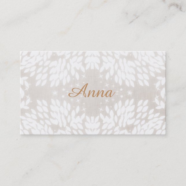 Carte De Visite Chic Simple Nom Feuilles blancs FAUX Linge beige (Devant)