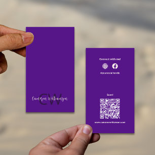 Carte De Visite Chic Solid Indigo violet Monogramme QR Code Social