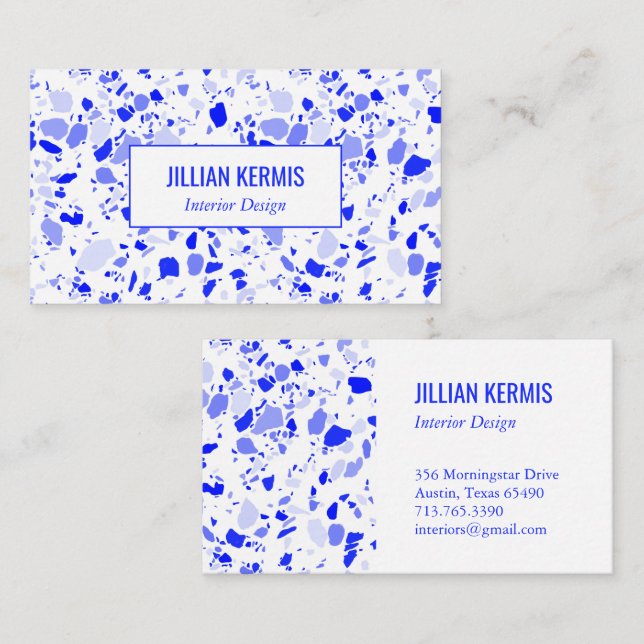 Carte De Visite Chic terrazzo élégant bleu blanc personnalisé (Devant / Derrière)