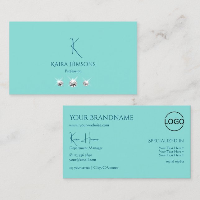 Carte De Visite Chic Turquoise avec logo Monogram et bijoux en gla (Devant / Derrière)