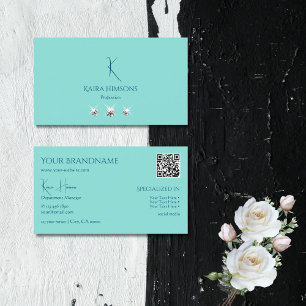 Carte De Visite Chic Turquoise avec Monogramme QR Code et bijoux