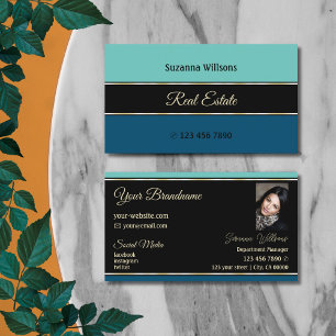 Carte De Visite Chic Turquoise Bleu Bordures sur Noir avec Photo S