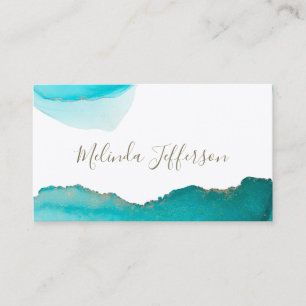 Carte De Visite Chic Turquoise et or Watercolor Ink Blot Abstrait